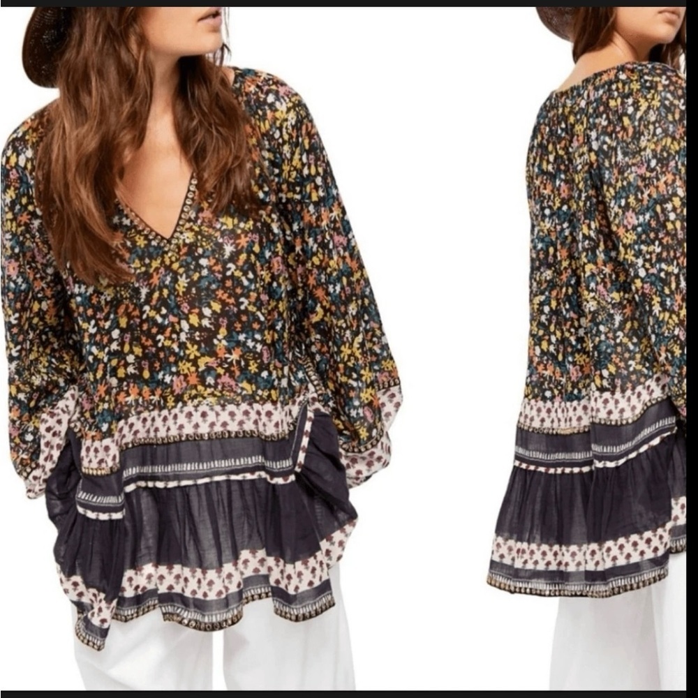 FREE PEOPLE Gardenia Tunic in Black Yellow Floral Sequin Oversized Size Small